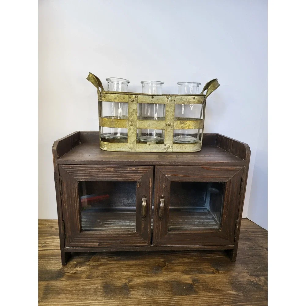 Farmhouse Gold Metal Caddy with 3 Glass Bud Vases Rustic Industrial Decor